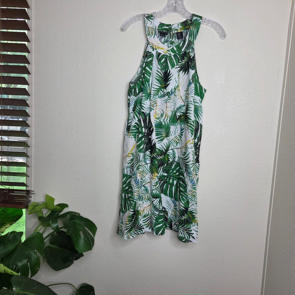 Tahari Linen Dress Tropical Palm Leaf Sleeveless White Green Size US 12‎
